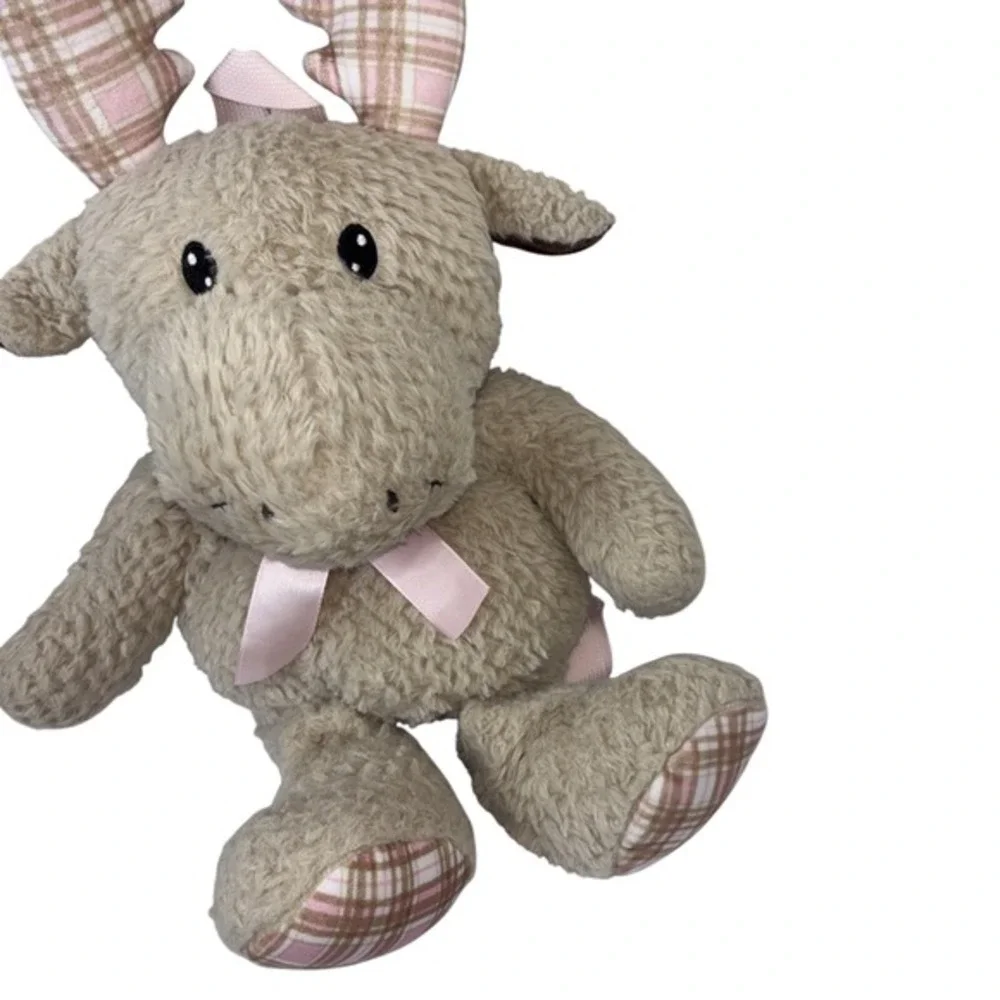 Tan Moose Plush Backpack‎ Pink Plaid Antlers Sherpa Faux Fur Stuffed Animal Bag